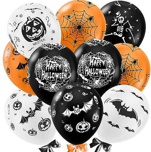 BOOSHMall Halloween Luftballons Set - 50 Stück Folienballons, Party Dekoration Schwarz Orange Latex Partyballons, Kürbisse Hexen Fledermäuse Spinnen
