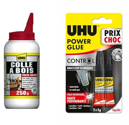 UHU Colle à bois express - Plus forte que le bois, résistante à l'humidité, D2, sans solvants & Power glue liquide control - colle extra forte, instantanée, technologie anti-goutte