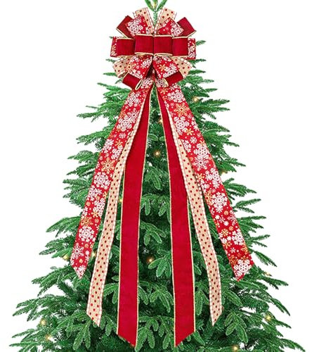 YankMooM Red Christmas Tree Topper Bow, 120 x 30cm Large Christmas Tree Bow Christmas Tree Decorations Bow for Christmas Tree Home Decoration