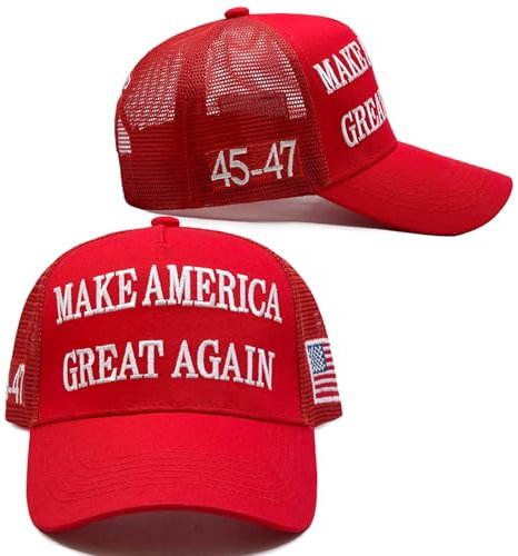 Trump 2024 Mütze 45-47 MAGA Hat Make America Great Again Donald Trump Stickerei Slogan mit USA-Flagge verstellbare Baseballkappe, 2 x MAGA-Hut aus rotem Netzgewebe 45–47, Einheitsgröße