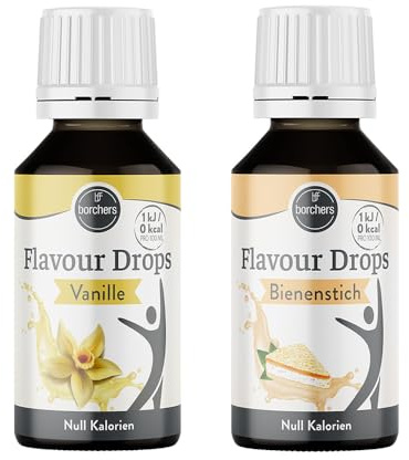 BORCHERS Flavour Drops Probierpaket, Tafelsüße auf Grundlage von Sucralose mit Aroma 2x 30ml, je 1x Vanille und Bienenstich, Süßstoff flüssig, kalorienfrei, zum Kochen und Backen, für Getränke