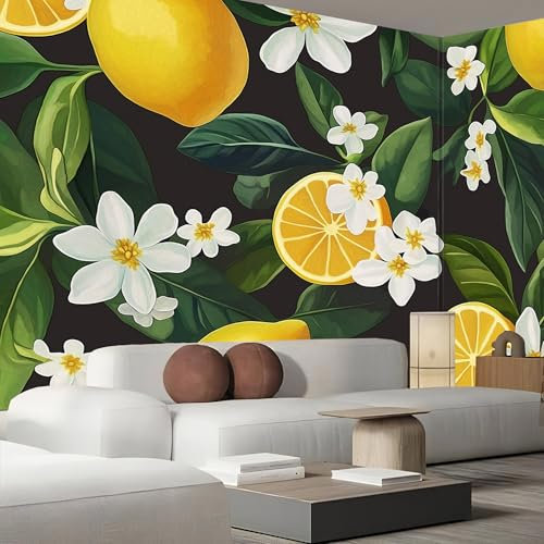 Fototapete Gelbe Zitrone 3D Effekt 300×210cm,Wandtapete Aquarellblätter Bildtapete Schlafzimmer Wohnzimmer Wand Dekoration