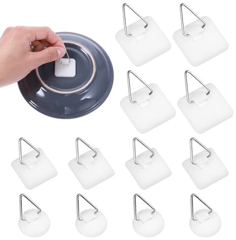 Grevosea 12 Pcs Wall Plate Hangers, Adhesive Picture Hangers Frame Hangers Without Nails Picture Hanging Hooks Plate Holders for Displaying Decorative Plates and Wall Art (Round, Square)