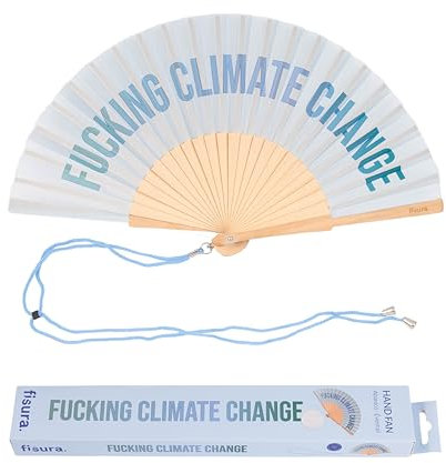 FISURA – Handfächer aus Holz mit der Aufschrift F*cking Climate Change“. Trendiges, farbenfrohes Accessoire, blauer Handventilator mit praktischem Aufhänger. Maße: 42,5 x 23 cm
