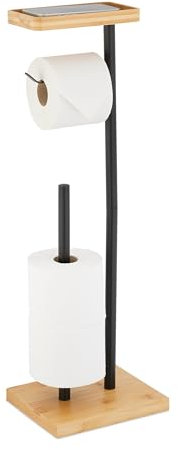 Relaxdays Toilettenpapierhalter, 3 Ersatzrollen, Ablage, Bambus, Metall, 66,5x21x17 cm, WC-Rollenhalter, schwarz/Natur