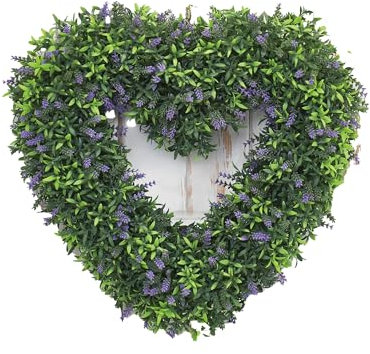 Artificial Lavender Heart Wreath – Heart Shaped Silk Lavender Flower Wreath for All Seasons UV Resistant Indoor Outdoor Front Door Wall Hanging Décor 42x42cm with 30cm Hanging Chain