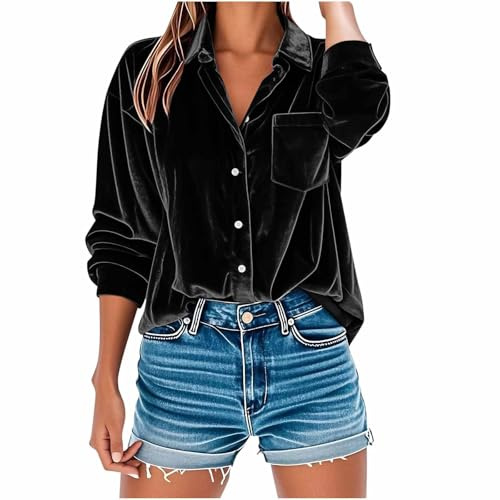 Long Sleeve Tops Women Velvet Blouse V Neck Button Up Shirts Solid Loose Fit Tunic Tops Party Work Casual Oversized Loose Tshirts Ladies Lapel Collar Shirt Elegant Blouse