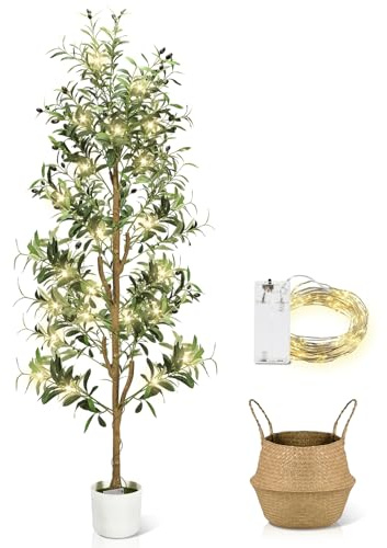 Faux Olive Tree 6FT - Indoor Tall Artificial Olive Trees with Lights & Basket and Planter, Fakeplants Artificial Plants with Natural Wood Trunk and Realistic Fruits for Home Living Room Office Decor
