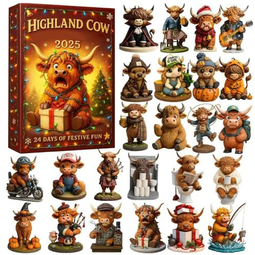 Highland Cow Adventskalender 2025, 24 Tages Highland Cow Ornamente Weihnachten Countdown -Kalender, 3D Cartoon Kuh Weihnachtsbaum Dekorationsanhänger, Für Kinder Und Erwachsene