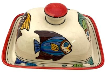 Butterdose mit Deckel, designed by Gall&Zick, handgefertigt aus Keramik, für ein normales 250g Stück Butter, bunt handbemalt, spülmaschinenfest (Fisch rot)