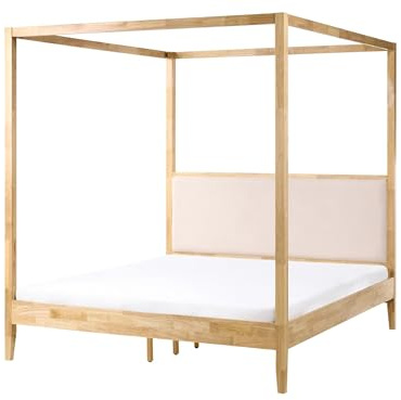 Beliani Himmelbett Holz Hellbraun Gummibaumholz 160x200 mit Kopfteil | Braun, Lackiert, Belastbarkeit 200 kg, 160 x 200 cm, 100% Polyester