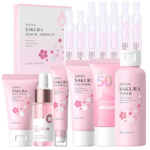16 Stück Sakura Gesichtspflege Set, für Teenager-Mädchen und Frauen | Hautpflegeset Mädchen mit Reiniger Gesichtswasser Serum Augencreme Gesichtscreme Ampullen gesicht Sonnenschutzmittel