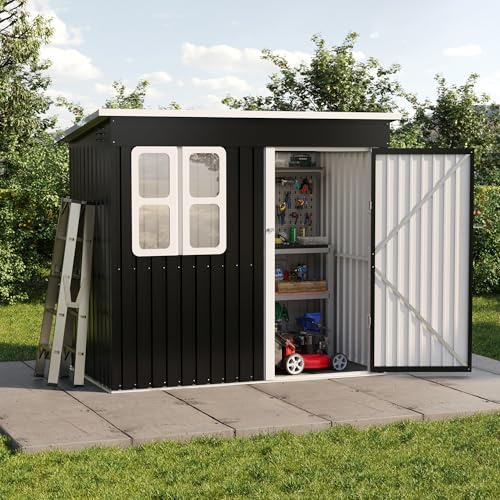 Amopatio Metall Gerätehaus 222x132cm, Gartenhaus aus verzinktem Stahl, abschließbarer Geräteschuppen mit Fenster & Lüftung, Fahrradschuppen ohne Boden, wetterfest für Garten & Terrasse, Dunkelgrau