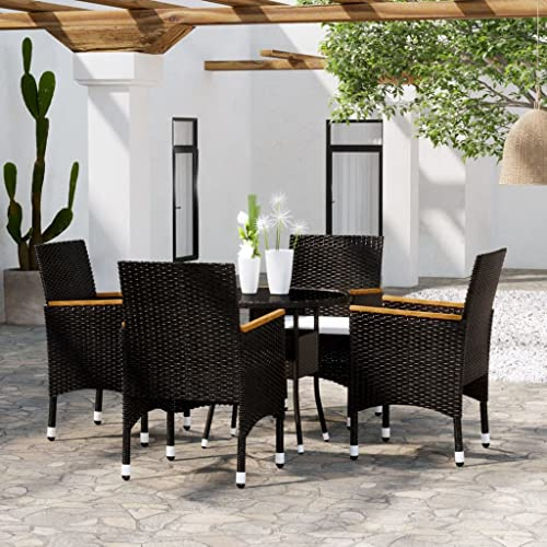 Owoxanthellate 5-TLG Garten-Essgruppe aus Poly-Rattan Schwarz 80 cm runder Gartentisch mit 4 Stühlen und cremeweißen Kissen wetterfest modern Balkon Terrasse und Wintergarten