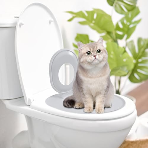 Katzen Toilettentrainer aus Kunststoff – WC-Sitz Training System für Katzen Aller Rassen, 39 x 36.5 cm, mit Saugnapf & hygienischem Ablauf, wiederverwendbar (Grau)
