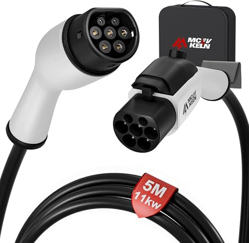 MCEVKELN Verlängerung für Ladekabel Elektrofahrzeug Typ 2 11kW |16A 3Phase | 5M Verlängerungskabel mit Schloss für Hybrid & Elektroauto IEC62196-2, Ladeverlängerungskabel Typ 2, Weißer Stecker