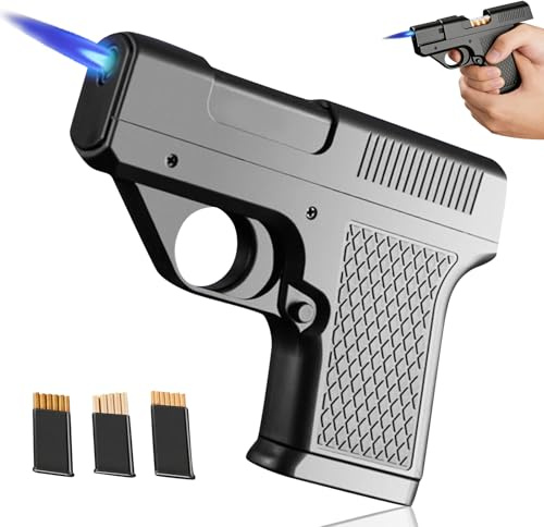 2-in-1 Zigarettenetui mit Feuerzeug, Pistolen Feuerzeug Sturzsicher, Pistolenfeuerzeug in 3 Größen Erhältlich, Nachfüllbare Butan, Einstellbare Jet Flamme für Vater Freund Geschenk (A)