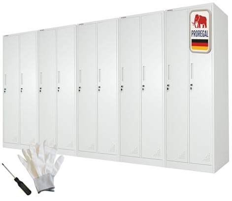PROREGAL Mega Deal 5X Spind Schrank Elephant Metall 2 Abteile, abschließbar 180x60x50cm Kleiderstange & 3 Kleiderhaken pro Abteil Lichtgrau Spindschrank Kleiderschrank Metallschrank Garderobenschrank
