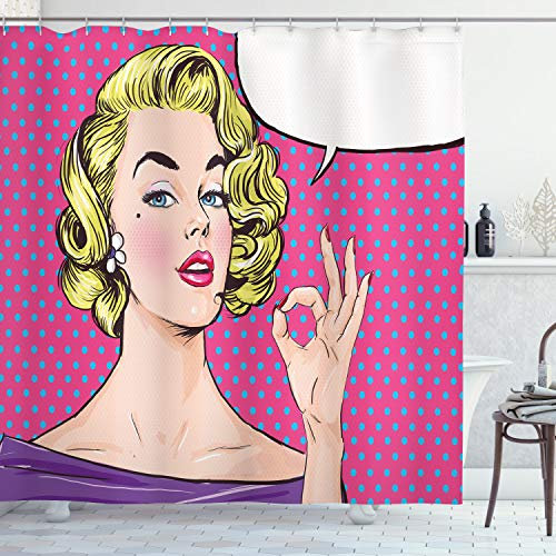 ABAKUHAUS Pop Art Duschvorhang, Pop-Art-Frau OK-Zeichen, Stoffliches Gewebe Badezimmerdekorationsset mit Haken, 175 x 200 cm, Rosa Gelb Lila