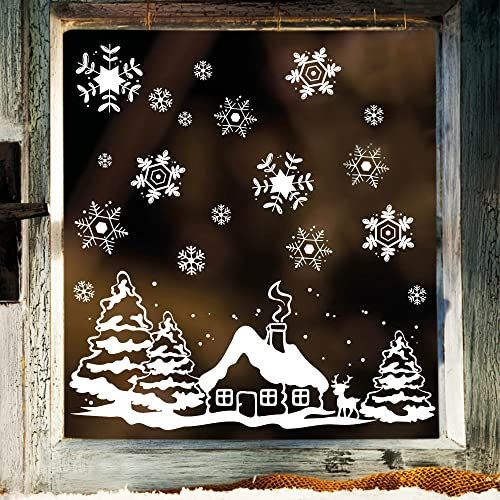 Wandtattoo Loft Fensterbilder Weihnachten mit Haus & Schneeflocken – Wiederverwendbar – 28 x 39 cm Bogen, 18 Sticker – Weihnachstdeko Fenster Kinderzimmer, Weihnachtsbilder Fenster, Fensterbild Winter