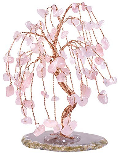 mookaitedecor Quartz Rose Arbre de Vie Decoration Pierre Énergie,Socle en Tranche de Agate Naturelle Feng Shui Cristal Guérison