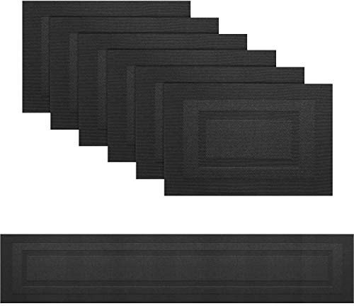 pigchcy Double Frame Black Elegant Placemats and Table Runner Set Vinyl Washable Placemats for Dining Table Set of 6 (45 x 30 cm + 45 x 180 cm)