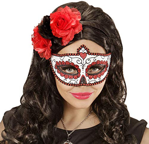 NET TOYS Élégant Masque Sugar Skull - Rouge-Blanc - Joli Accessoire pour Costume Femme Dia de Los Muertos - Exactement ce qu'il Faut pour Halloween & Carnaval
