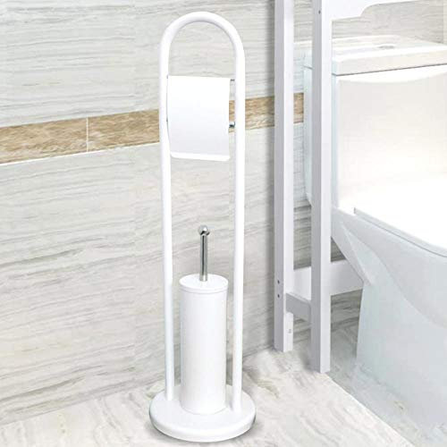 Bakaji Home Portarotolo Carta Igienica Con Porta Scopino e Spazzolone In Metallo Linear Base Rotonda di Design Dimensione 22 x 81 cm Accessori Arredo Bagno (Bianco)