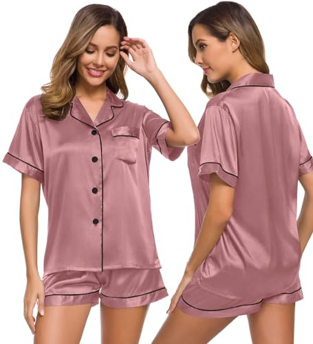 SWOMOG Satin Pjs for Womens Silk Pyjamas Set Button Down Sleepwear Two Piece Cropped Pyjamas