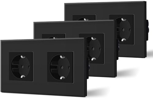BSEED Schuko Steckdose 3er Pack, 16Amp AC Power Kristallglas Platte, 2 Fach Unterputzdose Steckdose, 157mm Doppelt Schutzkontaktbuchse Wandsteckdose Schwarz