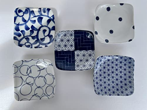 Traditionelles japanisches Porzellan-Set, 8,8 cm, quadratisch, klein, Sojasauce, hält Seifen, Kerzen, authentische Mino Ware, verschiedene Designs, 5 Stück