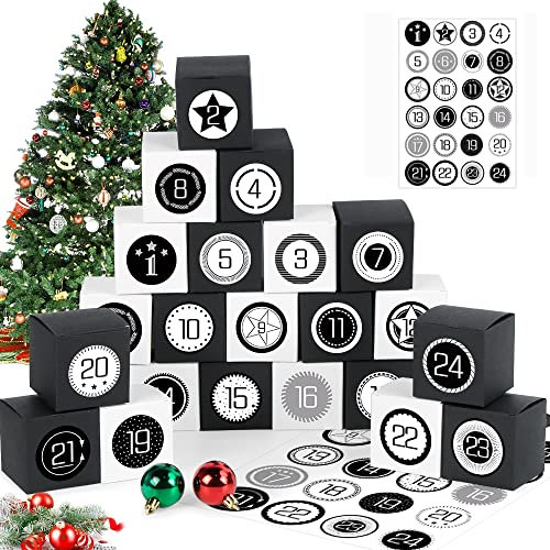 Adventskalender zum Befüllen,24 Schachteln zum Befüllen, DIY Adventskalender, Adventskalender Geschenkboxen mit Zahlenaufklebern Sterne, Adventskalender zum Selbst Befüllen Schwarz und Weiß
