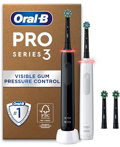 Oral-B Pro 3 2X Electric Toothbrushes for Adults, 2 Handles & 4 Toothbrush Heads, 3 Modes, Teeth Whitening, 2 Pin Plug, Black & White