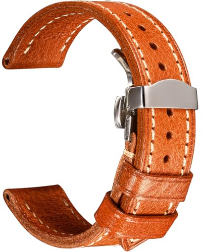 REZERO Klassisches Leder Uhrenarmband Flexibel - Schmetterlingsschließe | Ersatzband aus Vollnarbenleder | Pflanzlich gegerbt & geölt | Handgefertigt | Herren & Damen | 18/19/20/21/22/23/24/26mm