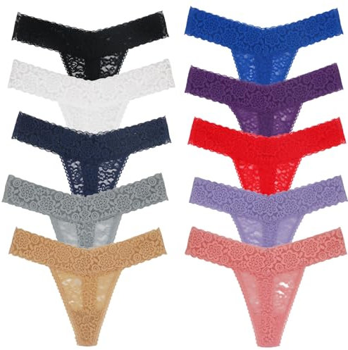 Deigecil Pack Of 10 Sexy Lace Women Thong Underwear Soft Comfortable Low Waist Women knickers Plus Size, Assorted Lace Pattern and Colors