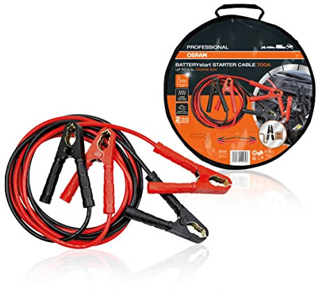 PROFESSIONAL OSRAM STARTER CABLE 700A, Cavi di avviamento per motori a benzina e diesel, 12/24V, OSC250, Cavo di collegamento per motori ≤5,5L, Cavo di rame puro, 3,5m