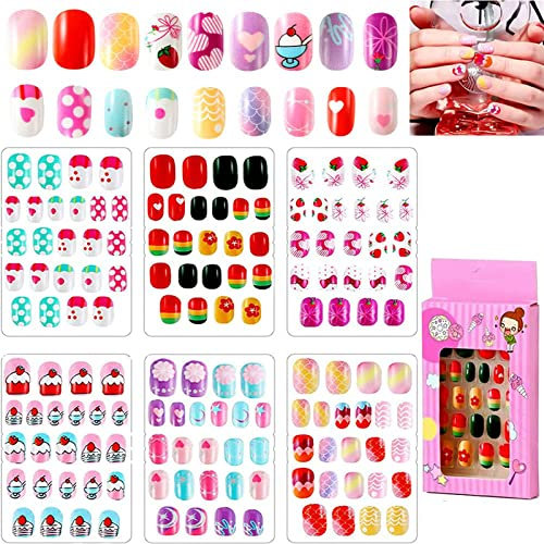 144 Pieces Kids Stick On Nails, Full Cover Children False Nails Short Kids Press on Nails Sets Fake Cartoon Nails for Girls