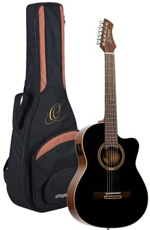 Ortega Guitars Konzert Gitarre Elektro-Akustisch – 4/4, Slim Neck – Performer Series – Inklusive Gig Bag – Massive Sitka Fichte, Mahagoni, Hochglanz Schwarz (RCE238SN-BKT)