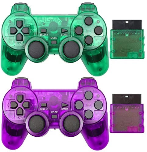 Hovlian Wireless Controller for PS2,Built-in Dual Vibration 2.4G Gamepad Joystick Compatible for Playstation 2 (2PACK, Clear Purple and Clear Green)