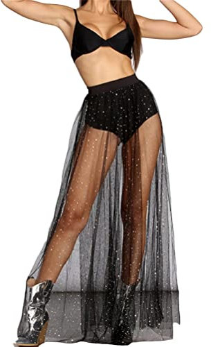 ORANDESIGNE Damen Mesh Strandrock Sexy Durchsichtig Badeanzug Bikini Cover Up Rave Festival Club Midirock Schwarz Transparent Rock Unterrock Streetwear Clubwear L Schwarz M