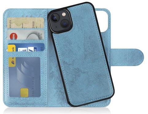 MyGadget Flip Case for iPhone 14 - [ Removable Magnetic Cover ] - PU Leather Phone Case - [ Cover with Card Slot ] Protective Shell in Light Blue