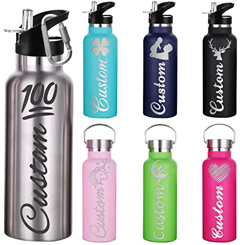 Busparst Bouteilles D'Eau PersonnaliséEs IsoléEs Avec de La Paille Bouteille D'Eau de Sport GravéE Sur Mesure Avec Nom Bouteille D'Eau en Acier Inoxydable PersonnaliséE pour Fille et GarçOn