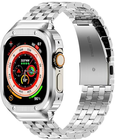 HASLFM Apple Watch Straps Compatible for Apple Watch Ultra 3/2/1 49mm,Rugged Metal Stainless Steel iWatch Band with Protective Case for Men，Silver