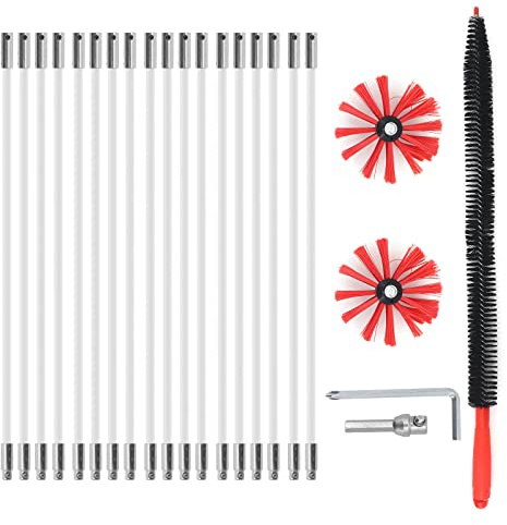 Yuhtech 23 Pcs Red Chimney Cleaning Brush Set Duct Vent Cleaning Set with Nylon Rods, Brush Heads, Drill Connector, Long Brush, Chimney Sweep Kit for Fireplace, Dryer Vent, Sewage Pipe, Fume Hood