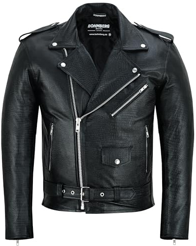 Bohmberg Giacca da uomo in pelle di alta qualità realizzata in pelle di vacchetta - Classico reinterpretato con un accattivante look coccodrillo - Nero