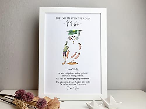 personalisiertes Geldgeschenk zur bestandenen Meisterprüfung - Motiv Eule (mit Bilderrahmen - weiß)