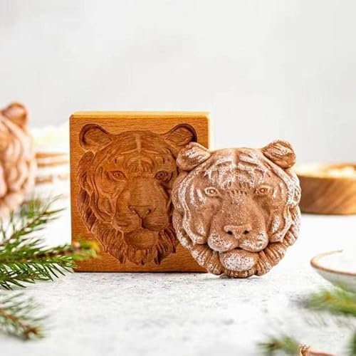 HOAZIACEHN Wooden Cookie Cutter, 3D Carved Tiger Head Mold, Non-Stick, 1 Piece