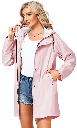 UNIQUEBELLA Trench cappotto lungo da donna, giacca antivento, tinta unita, con cappuccio, giacca a vento, giacca a vento con tasche con bottoni, Upg Pink, L