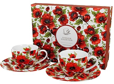 DUO FLORAL 2er-Set Espressotassen 90 ml LINA mit Untertassen, New Bone China Porzellan