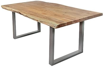 SAM Esstisch 300 x 100 cm Cali, Baumkantentisch naturfarben, Akazienholz massiv, U-Gestell aus Metall Silber, aufgedoppelte Kanten 25+25 mm
